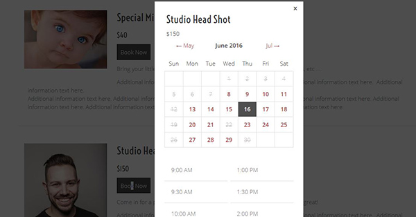 Photography booking calendar